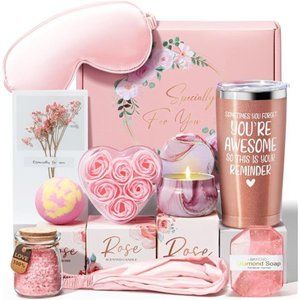 Set of 10 Gifts for Women Friendship | Rose Relaxing Spa Gifts Basket for Women